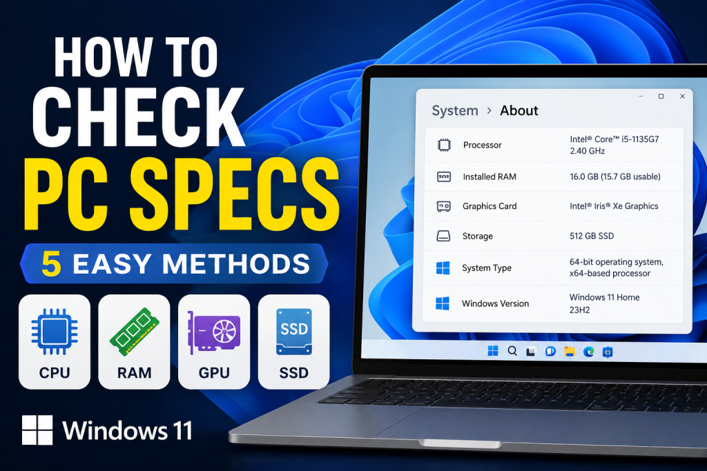 Check PC specifications in Windows 11 showing CPU, RAM, GPU, and storage information on a desktop computer screen.