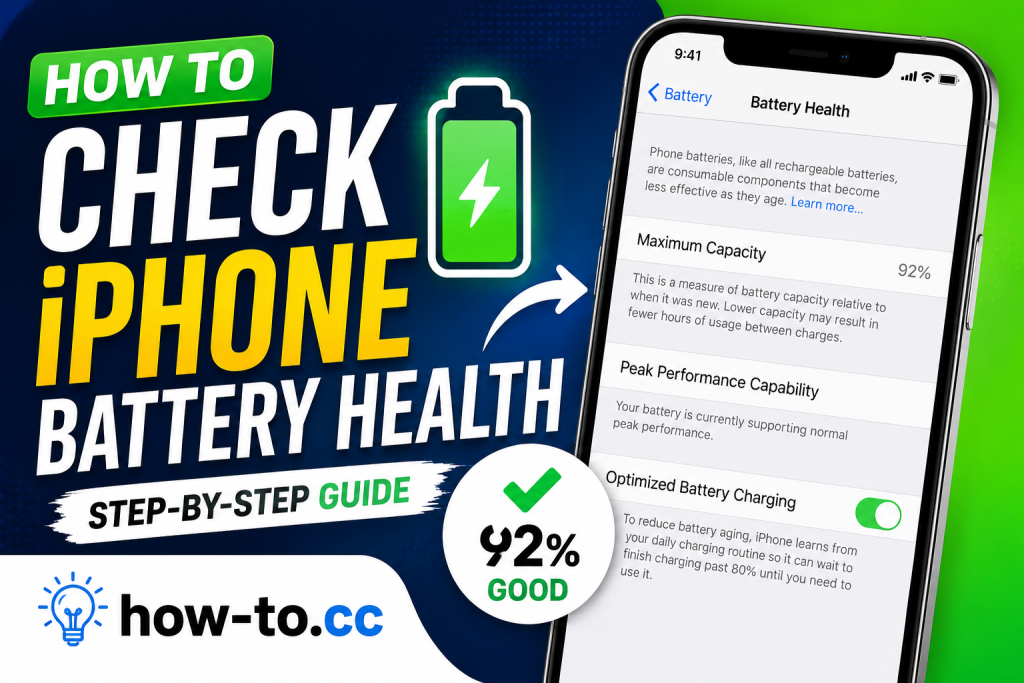 How to check iPhone battery health on iOS with Battery Health settings screen and battery percentage indicator.