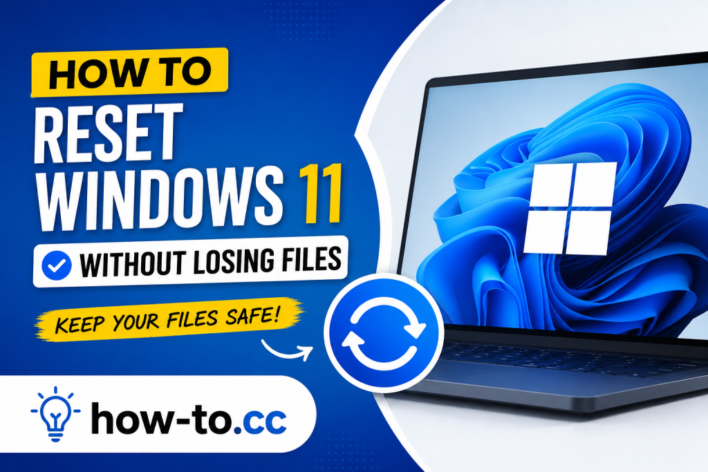 How to Reset Windows 11 Without Losing Files tutorial thumbnail by How-To.cc featuring Windows 11, system reset icon, and step-by-step PC recovery guide.