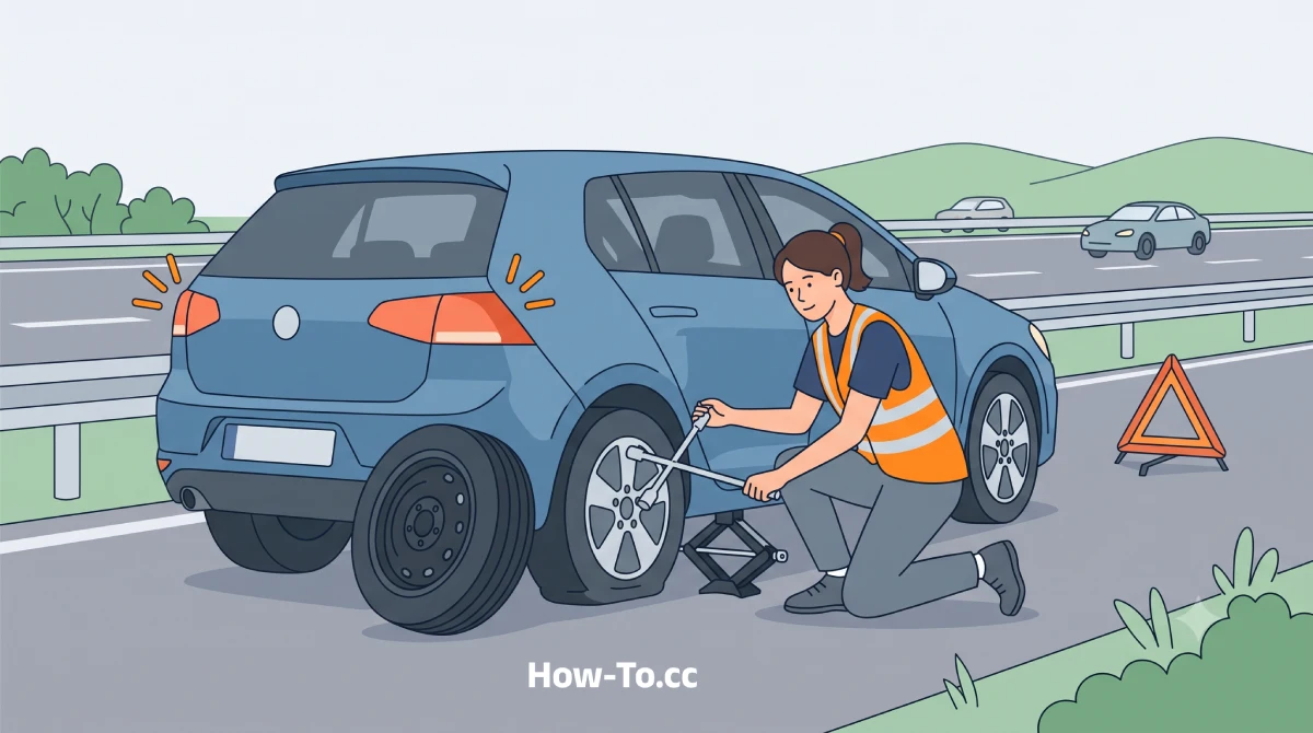 2D flat illustration of a person safely changing a flat car tire on the side of the road