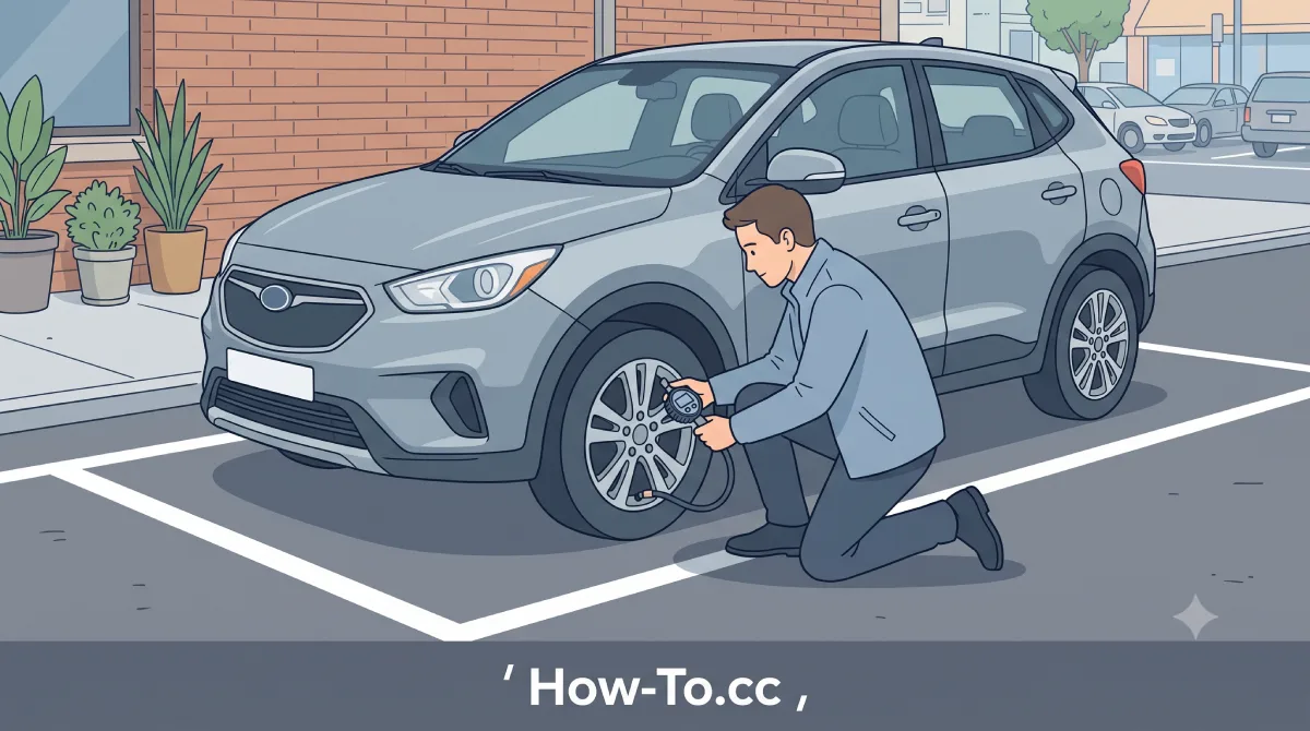 2D flat illustration of a person safely checking car tire pressure with a digital gauge