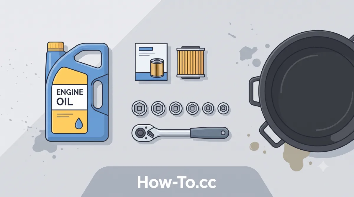 2D flat illustration showing essential tools required for a DIY car oil change
