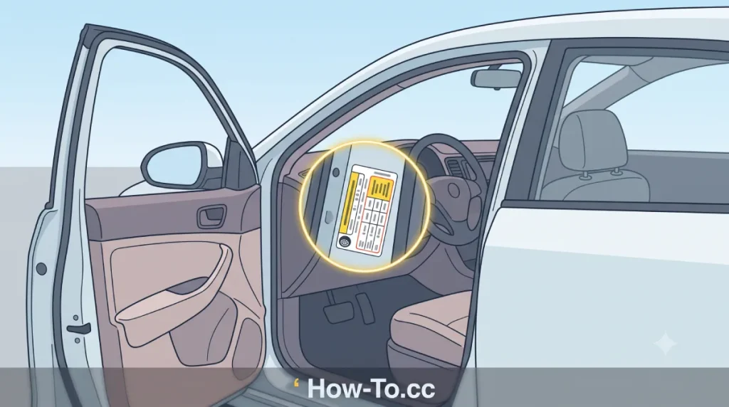 2D illustration highlighting the location of the recommended tire pressure sticker on a car door jamb