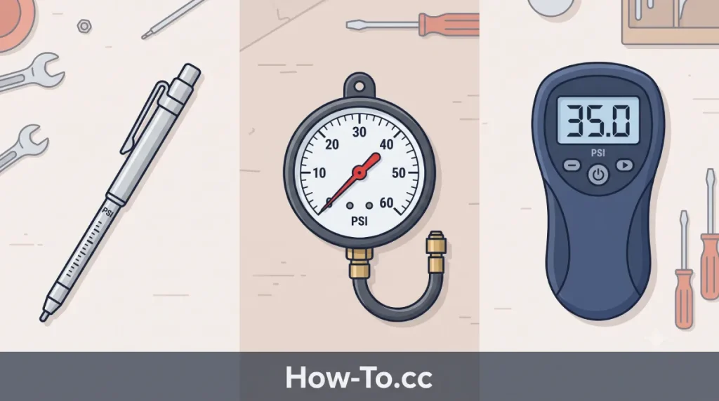Diagram comparing a stick gauge, dial gauge, and digital tire pressure gauge