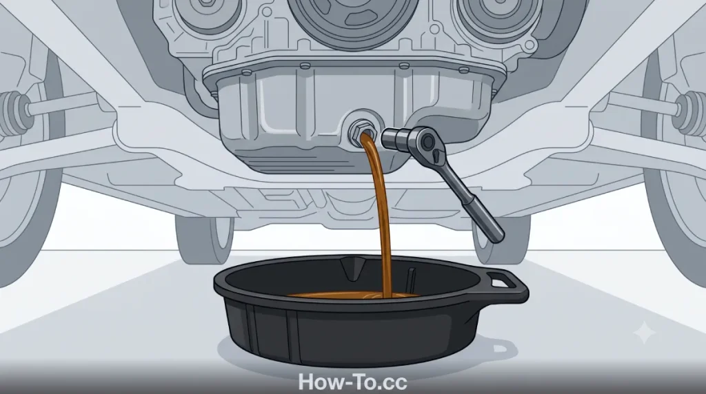 Diagram demonstrating how to correctly position a drain pan and remove the oil drain plug