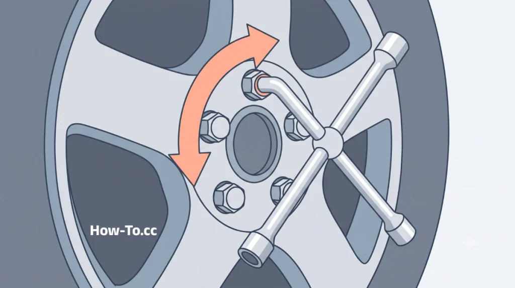 Diagram showing how to loosen lug nuts counter-clockwise before lifting the car with a jack.