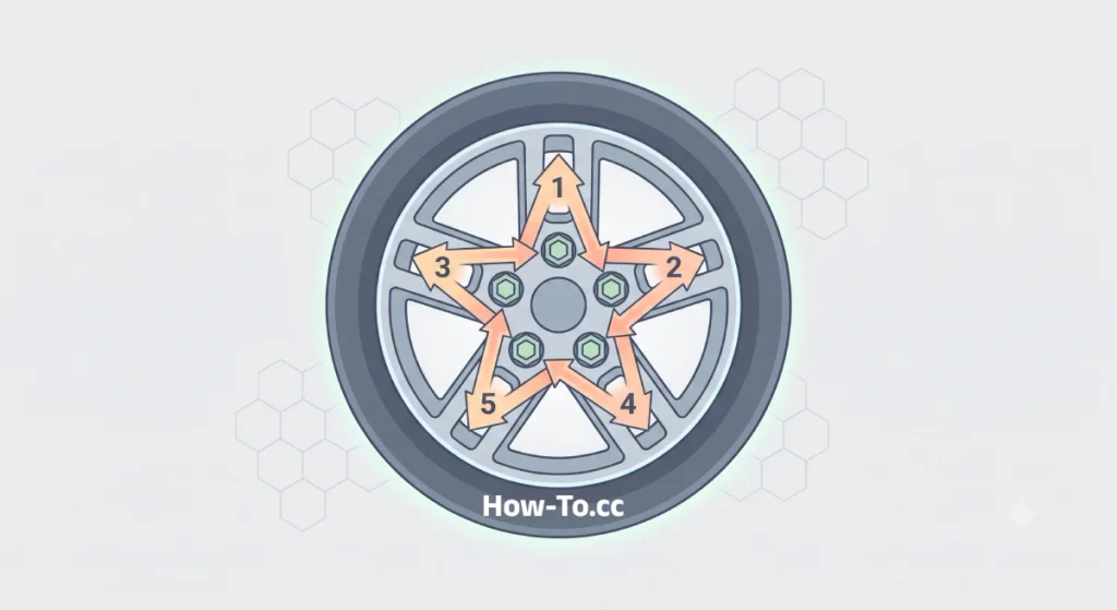 Illustration demonstrating how to tighten car lug nuts in a crisscross star pattern for even pressure