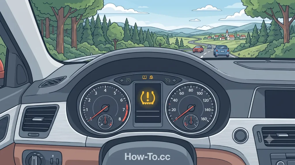 Illustration of the yellow TPMS low tire pressure warning light on a car dashboard