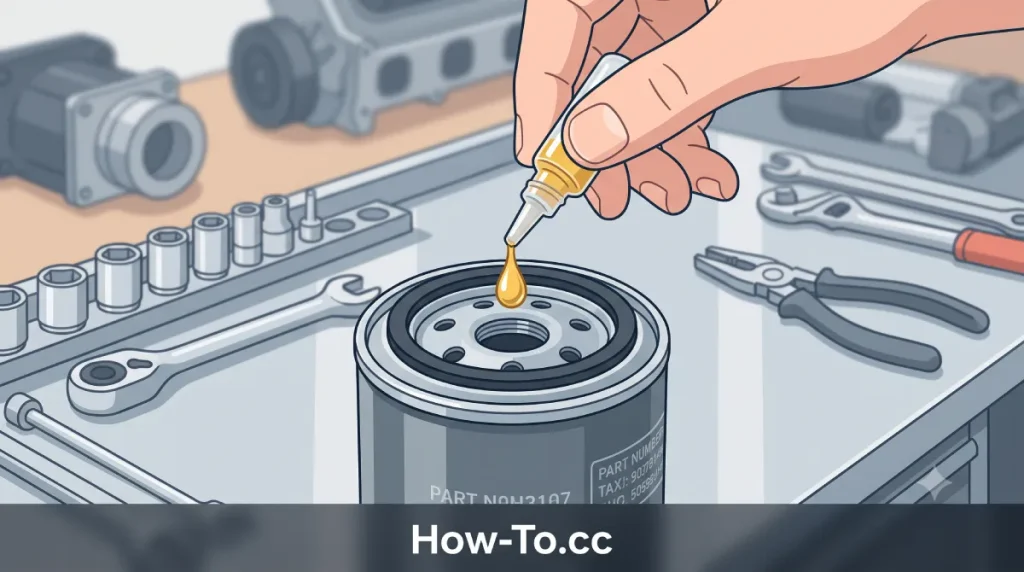 Illustration showing the crucial step of lubricating a new oil filter's rubber gasket before installation