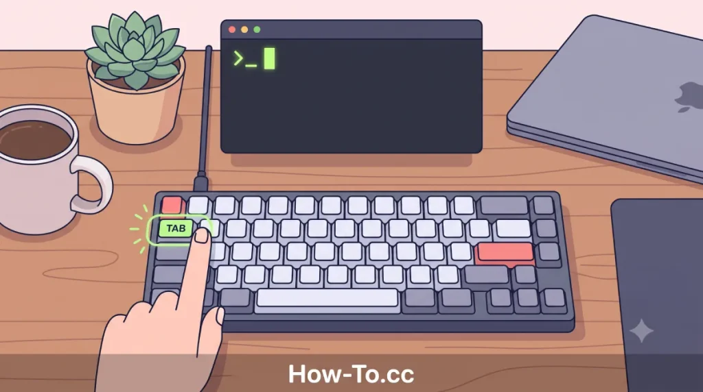 2D flat illustration of a user pressing the Tab key to trigger terminal command completion