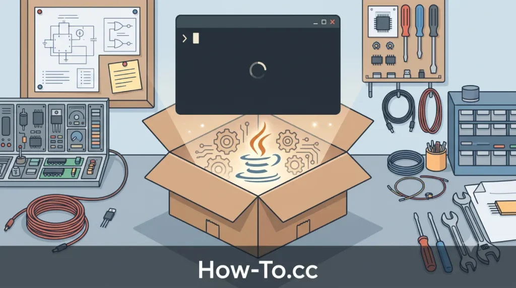 2D flat illustration representing the installation of a Java build tool on a Linux operating system