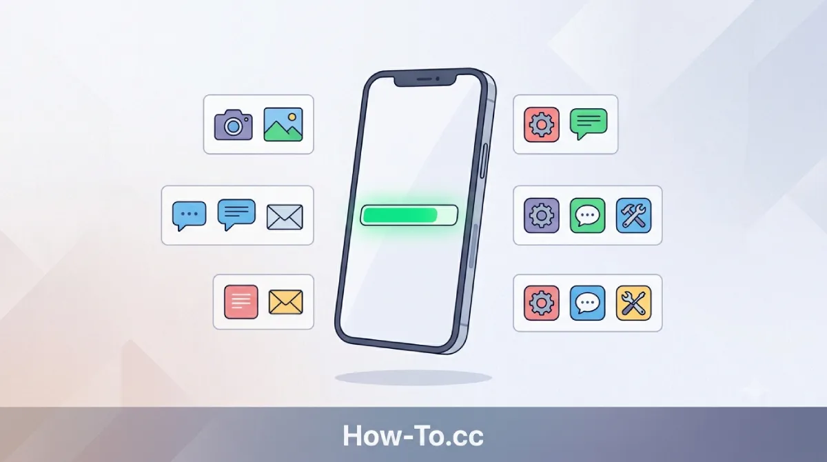 2D illustration of an iPhone with a clean, optimized storage progress bar surrounded by organized digital file icons