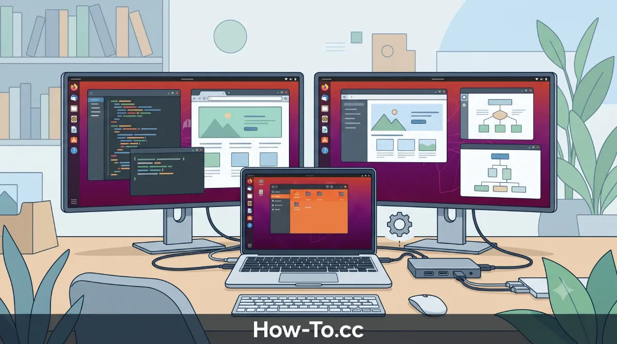 An Ubuntu laptop connected to dual monitors using a DisplayLink docking station