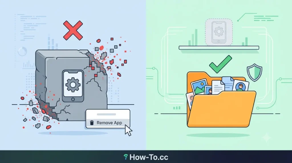Diagram explaining the difference between deleting an app and offloading an app while saving personal data