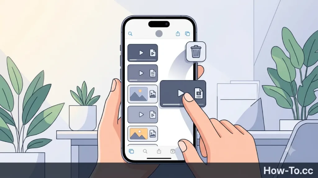Illustration showing a user identifying and deleting large video attachments inside a messaging application