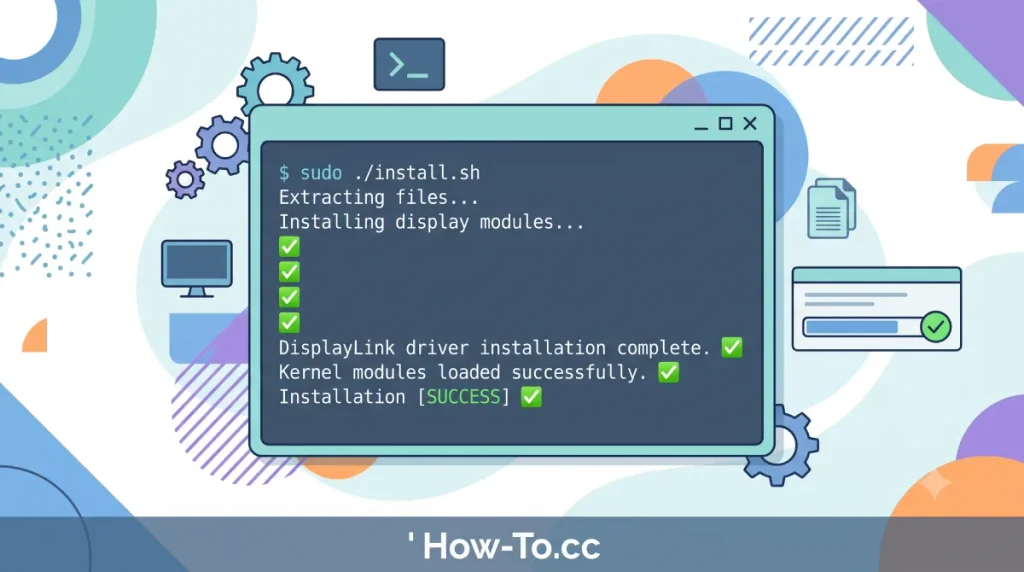 Terminal window showing successful installation of the DisplayLink driver