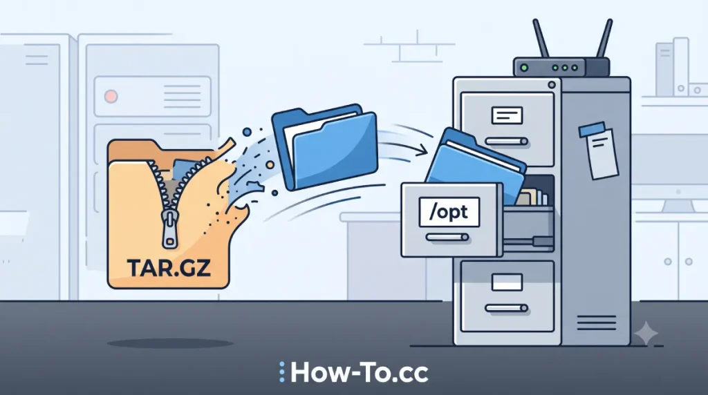 Visual representation of extracting a tarball archive and moving it to the Linux /opt directory.